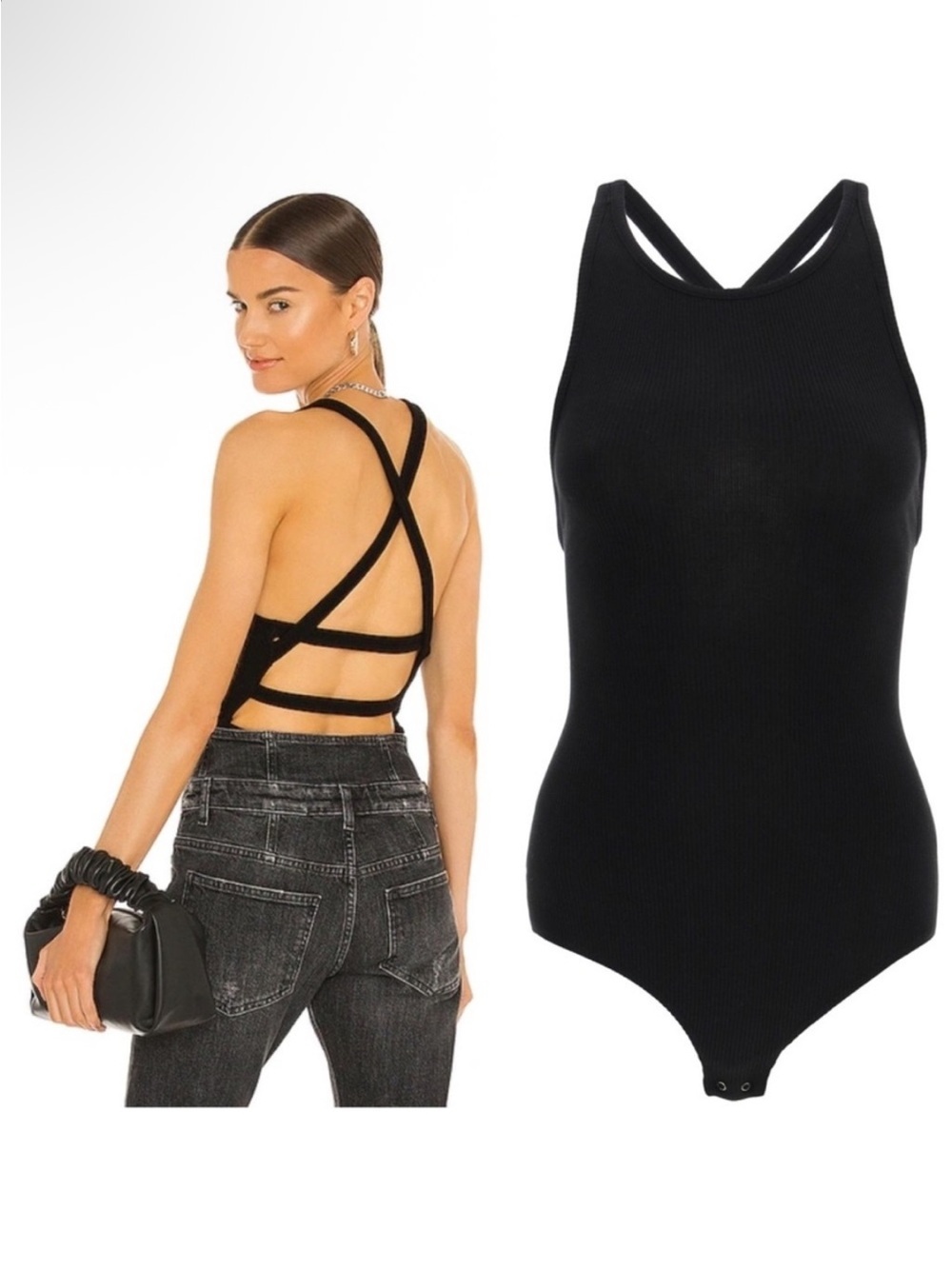 AGOLDE Black Ribbed Cross-Back Tank Bodysuit